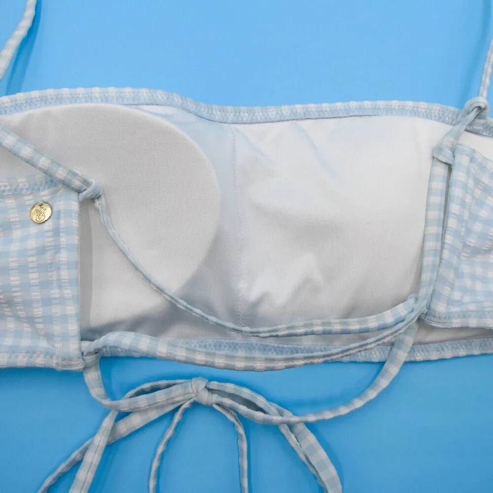 Victorias Secret Small White Blue Check Padded Halter Bikini Top Ribbed Swimwear